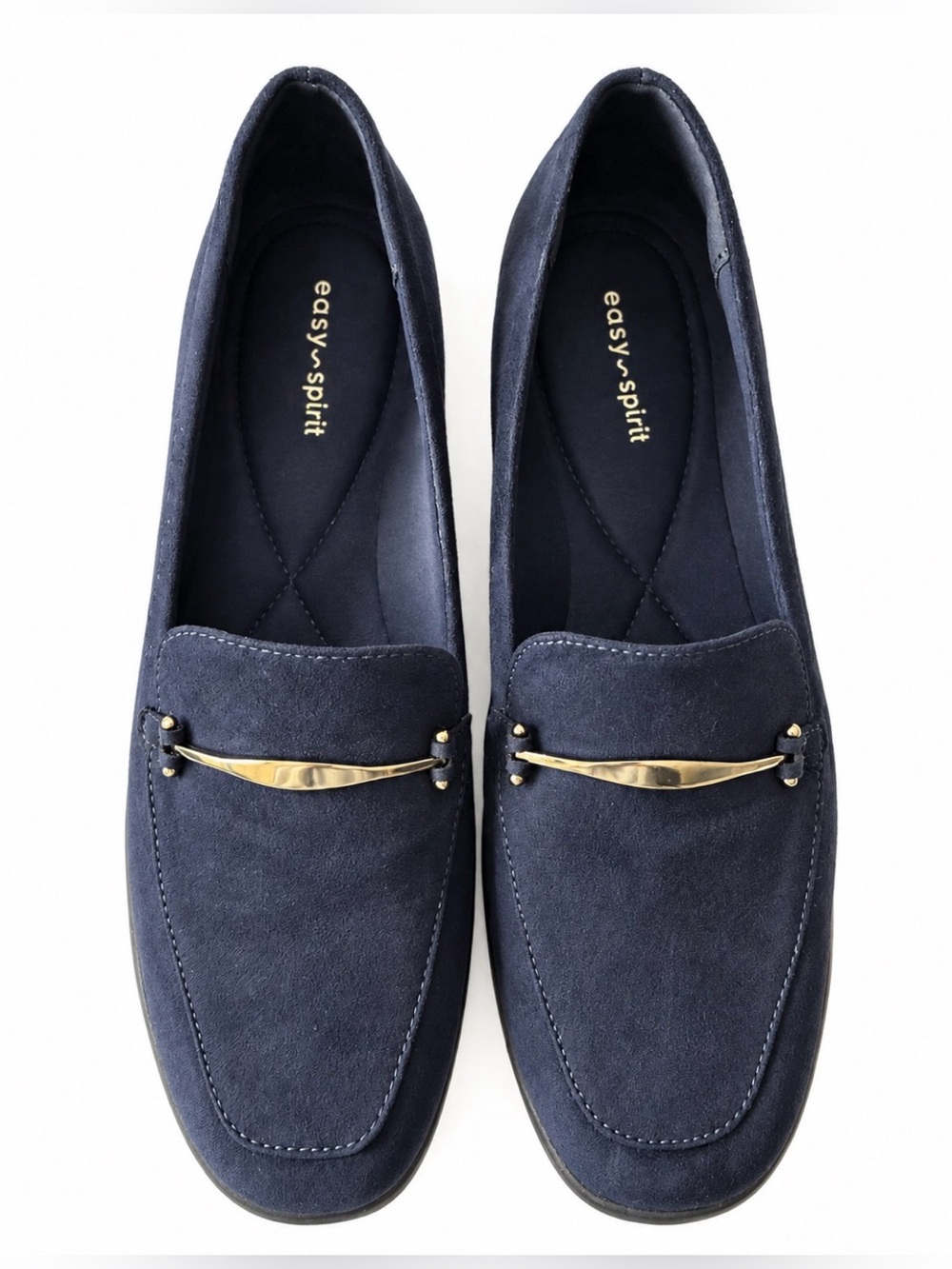 Easy Spirit Navy Blue Suede Loafers Gold Hardware Comfort Shoes